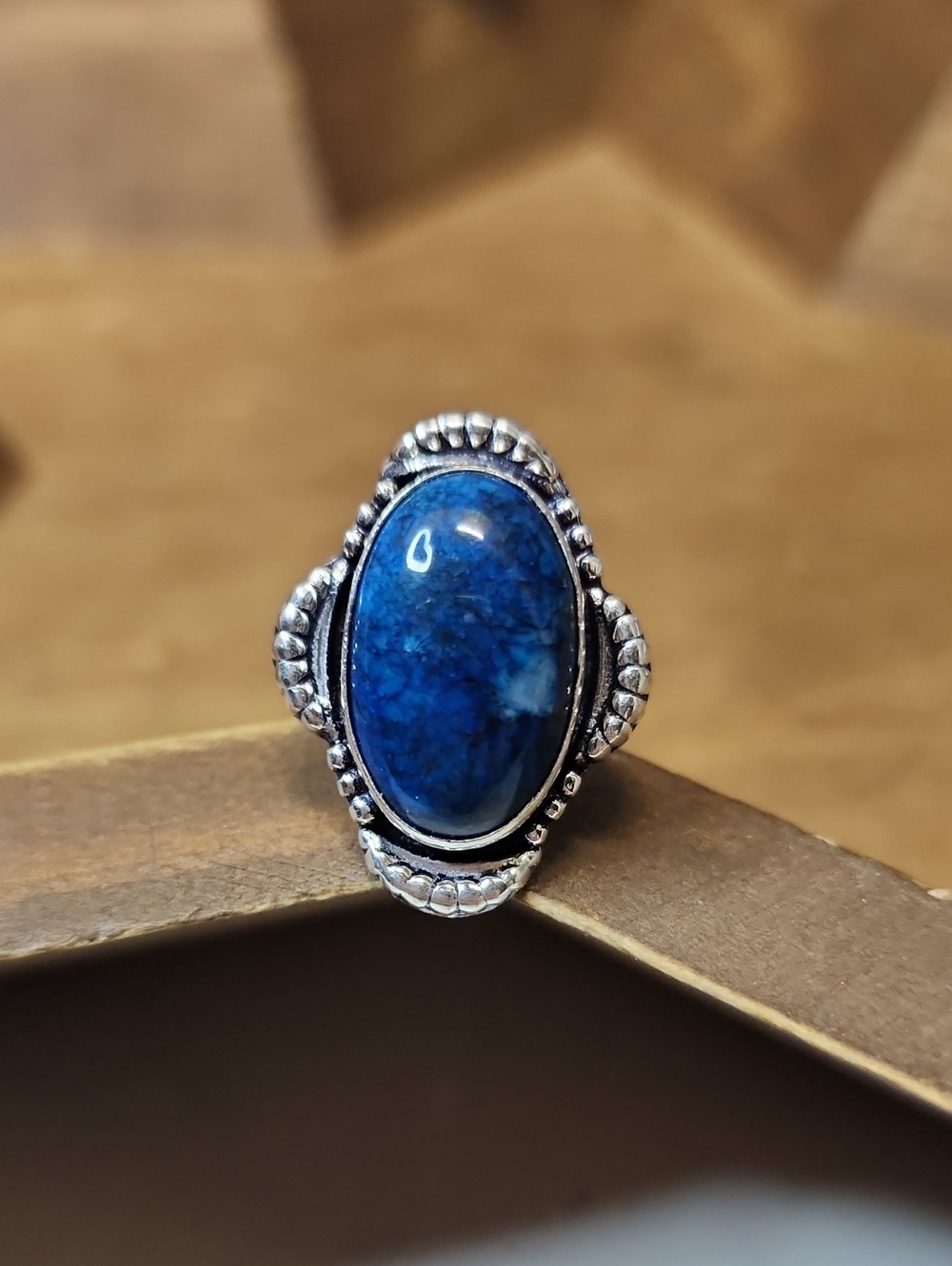 Oval Blue Dendrite Stone Ring- Elegant Women's Jewelry